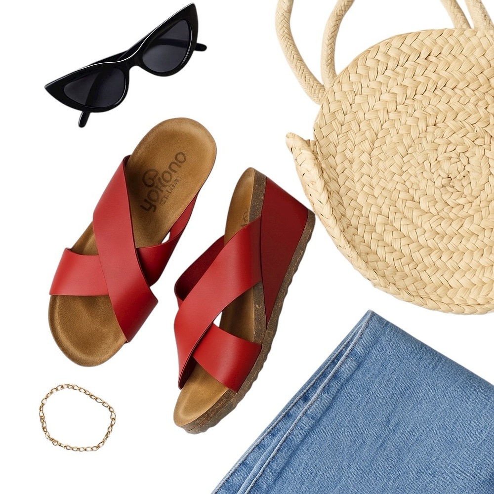 Yokono Red Leather Cross Strap Cork Platform Espadrille Wedge Sandals 6.5 resort
